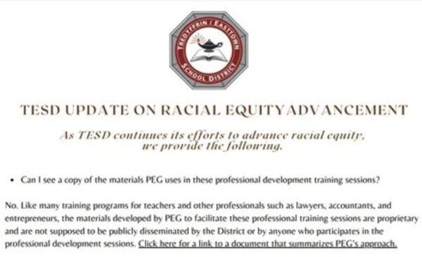 Tredyffrin–Easttown School District's attorney says the Pacific Educational Group’s critical race theory training has always been available for inspection, but this document on the district’s website says the public cannot see “a copy” of the material and does not invite the public to see the original documents.