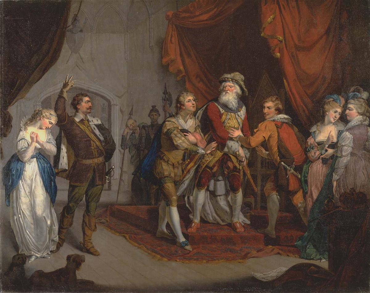 "Cordelia Championed by the Earl of Kent" from Shakespeare's "King Lear," Act I, scene I, circa 1770s, by unknown artist. Oil on canvas. Yale Center for British Art, Yale University. (Public Domain)