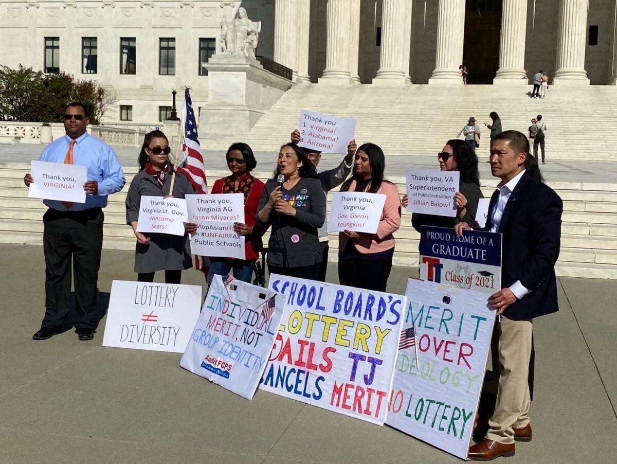 Hung Cao and supporters rally for the Virginia Attorney General who filed an amicus brief against raced-based admissions in the Fairfax County School district. (Courtesy of Cao's campaign)