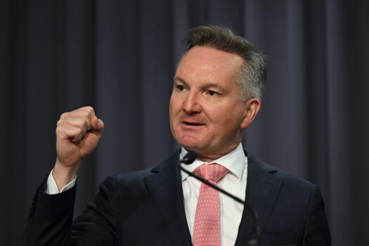 Chris Bowen, Labor Party's minister for energy and climate change, speaks to the media during a press conference at Parliament House in Canberra, Australia, on June 16, 2022. (AAP Image/Lukas Coch)