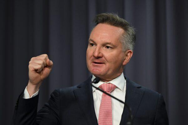 Chris Bowen, Labor Party's energy and climate change minister, speaks to the media during a press conference at Parliament House in Canberra, Australia, on June 16, 2022. (AAP Image/Lukas Coch)