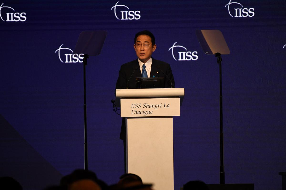 Japan's Prime Minister Fumio Kishida delivers a keynote address at the Shangri-La Dialogue summit in Singapore on June 10, 2022. (Roslan Rahman/AFP via Getty Images)