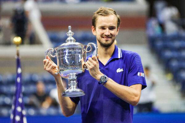 Daniil Medvedev of Russia celebrates with the championship trophy after defeating Novak Djokovic of Serbia to win the Men's Singles final match of the 2021 U.S. Open at the USTA Billie Jean King National Tennis Center in New York, on Sept. 12, 2021. (Matthew Stockman/Getty Images)