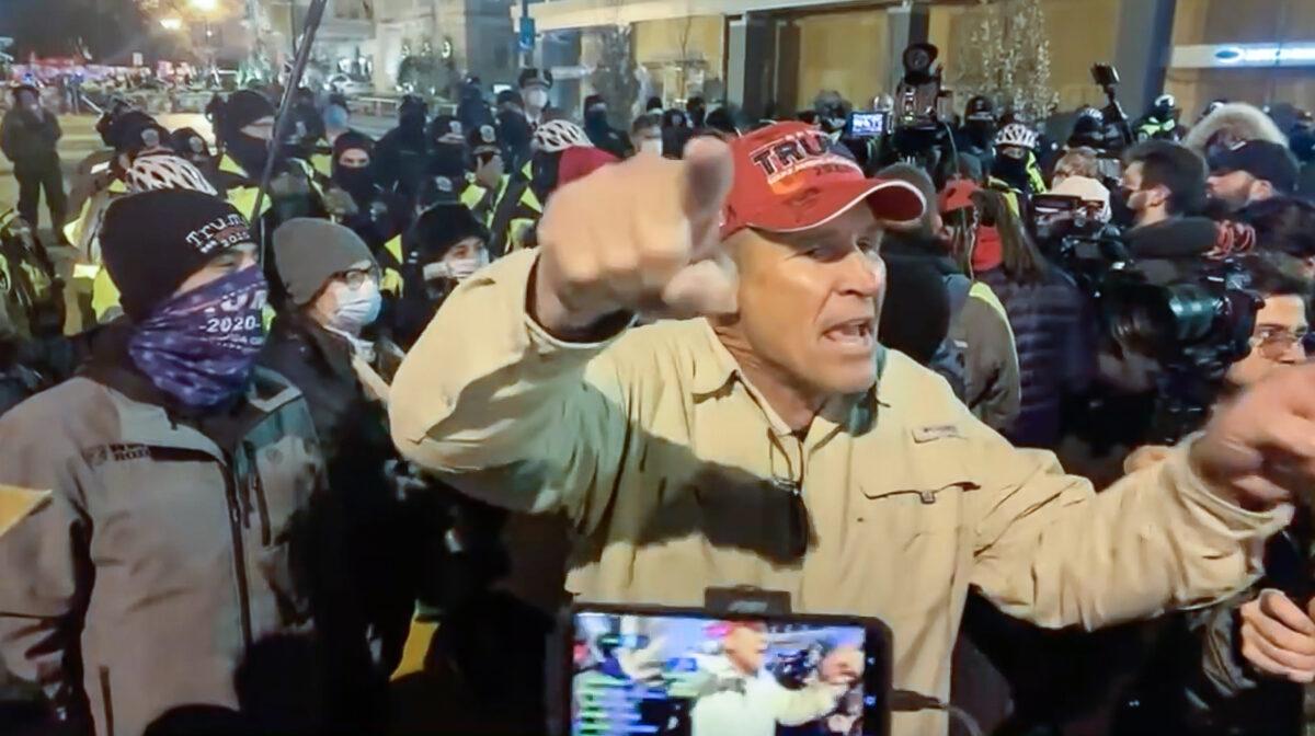 Ray Epps encourages protesters to go into the Capitol the night before the siege of January 6, 2021. (Villain Report/Screenshot via The Epoch Times)