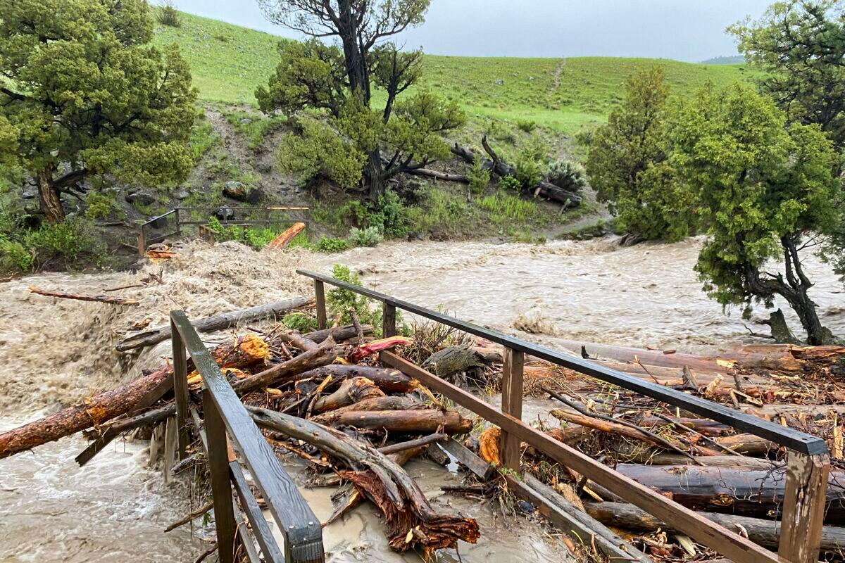 A washed out bridge from flooding at Rescue Creek in Yellowstone National Park, Mont., on June 13, 2022. (National Park Service via AP)