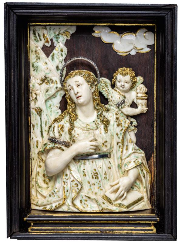 "St. Mary Magdalene, Penitent," first half of 17th century, artist unknown. Ivory, partial polychrome: metal powder, gold leaf, various adhesives, and decorative appliqués; 6 1/8 inches by around 4 1/8 inches by around 1 inch. The sculptural relief is believed to have been made in southern Germany or Austria. The Reiner Winkler Sculpture Collection, at the Liebieghaus Sculpture Collection in Frankfurt, Germany. (Liebieghaus Sculpture Collection)