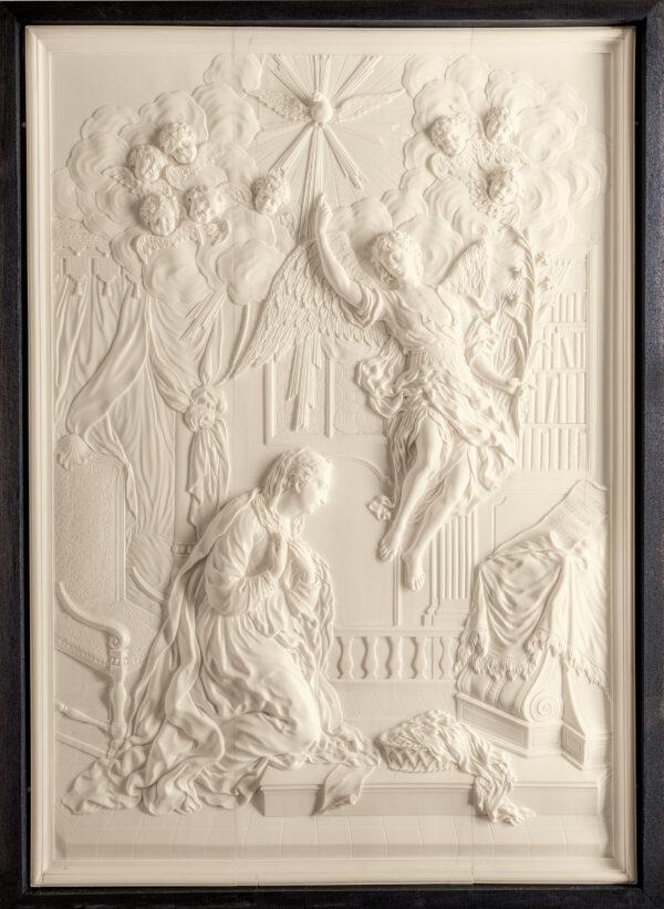 "The Annunciation of Mary," circa 1770‒1780, by Jean-Antoine Belleteste (Dieppe, France). Ivory, wood panel, wood frame, tortoiseshell, and black lacquer; 17 3/8 inches by 12 1/4 inches. The Reiner Winkler Ivory Collection, at the Liebieghaus Sculpture Collection in Frankfurt, Germany. (Liebieghaus Sculpture Collection)