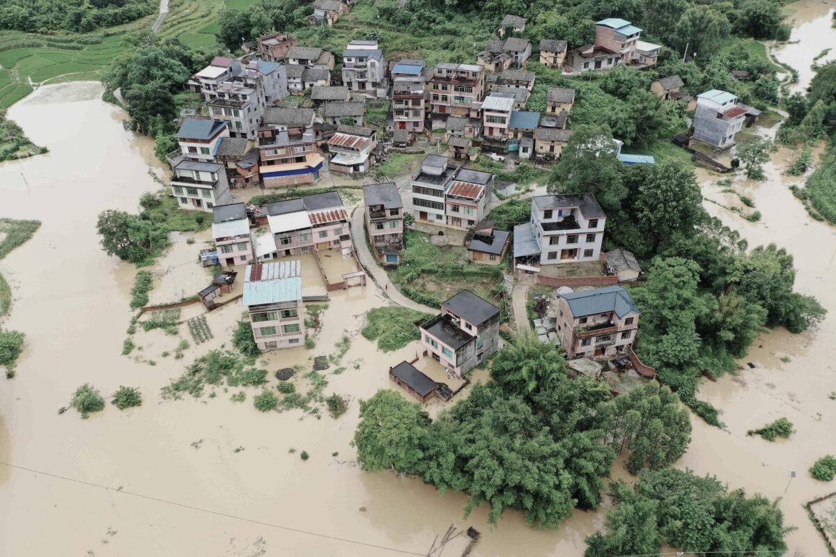 Flooded fields and buildings following heavy rains in Rongan in China's southern Guangxi region on June 13, 2022. (STR/AFP via Getty Images)