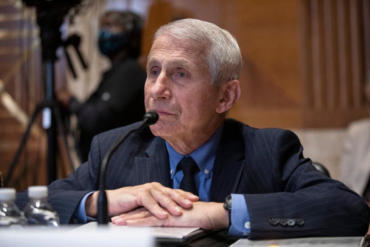 Dr. Anthony Fauci, director of the National Institute of Allergy and Infectious Diseases, testifies during a Senate Appropriations Subcommittee on Labor, Health and Human Services, Education, and Related Agencies hearing in Washington on May 17, 2022. (Anna Rose Layden/Getty Images)