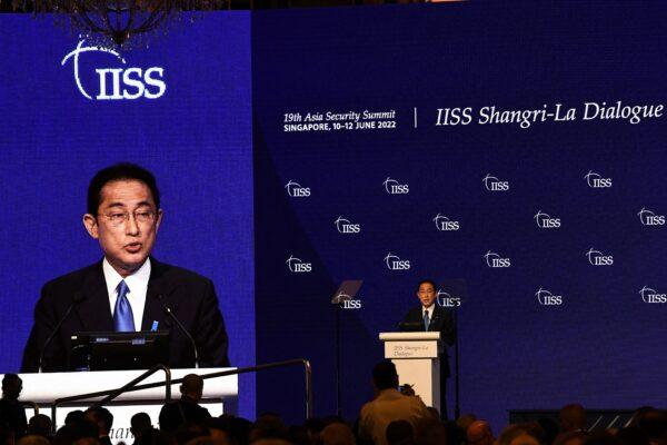 Japan's Prime Minister Fumio Kishida delivers a keynote address at the Shangri-La Dialogue summit in Singapore on June 10, 2022. (Roslan Rahman/ AFP)