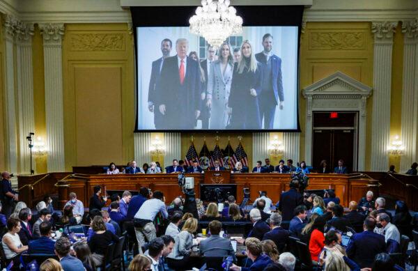 An image of former president Donald Trump and his family is displayed on screen during the third hearing of the Jan. 6 committee on Capitol Hill in Washington on June 16, 2022. (Drew Angerer/Pool/AFP via Getty Images)