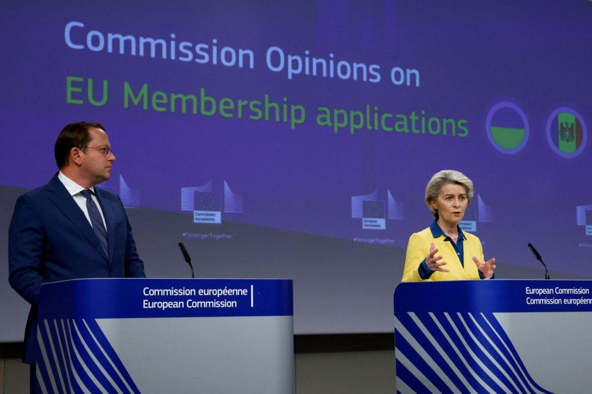 European Commission President Ursula von der Leyen speaks as she attends a news conference with European Commissioner for Neighborhood and Enlargement Oliver Varhelyi after a meeting of the College of European Commissioners addressing its opinion on Ukraine's EU candidate status, in Brussels, Belgium, on June 17, 2022. (Yves Herman/Reuters)