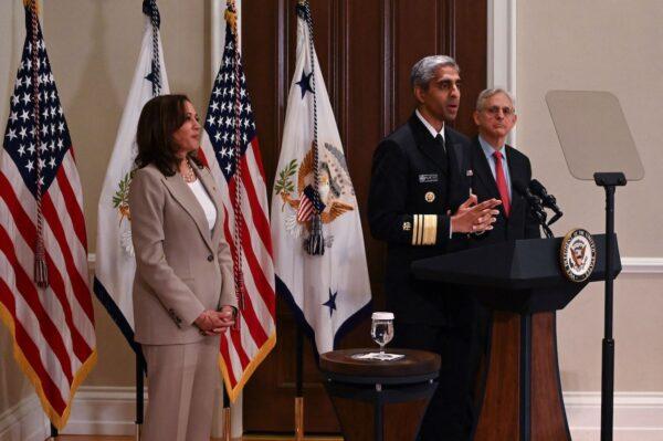 Surgeon General Vivek Murthy (C), Vice-President Kamala Harris (L), and Attorney General Merrick Garland (R) during the Online Harassment and Abuse Task Force announcement at The Eisenhower Executive Office Building in Washington, on June 16, 2022. (Robert Schmidt/AFP via Getty Images)