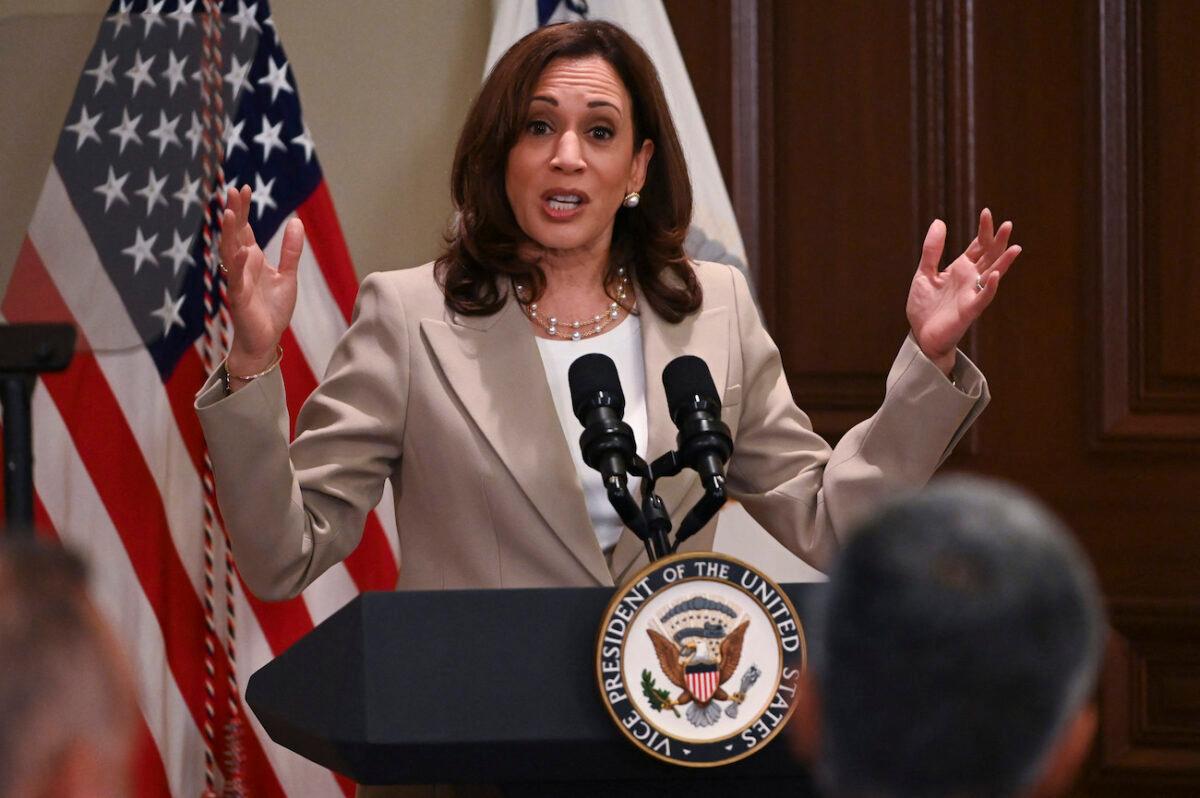 Vice President Kamala Harris, speaks during the Online Harassment and Abuse Task Force announcement at the Eisenhower Executive Office Building in Washington, on June 16, 2022. (Roberto Schmidt/AFP via Getty Images)