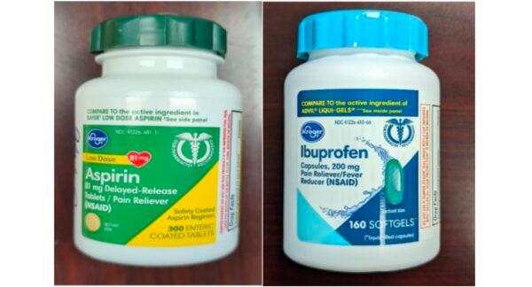 L: Recalled Kroger Aspirin, 81 mg Delayed-Release enteric-coated tablets, 300 count bottle. R: Recalled Kroger Ibuprofen, 200 mg soft gel capsules, 160 count bottle. (via U.S. Consumer Product Safety Commission)
