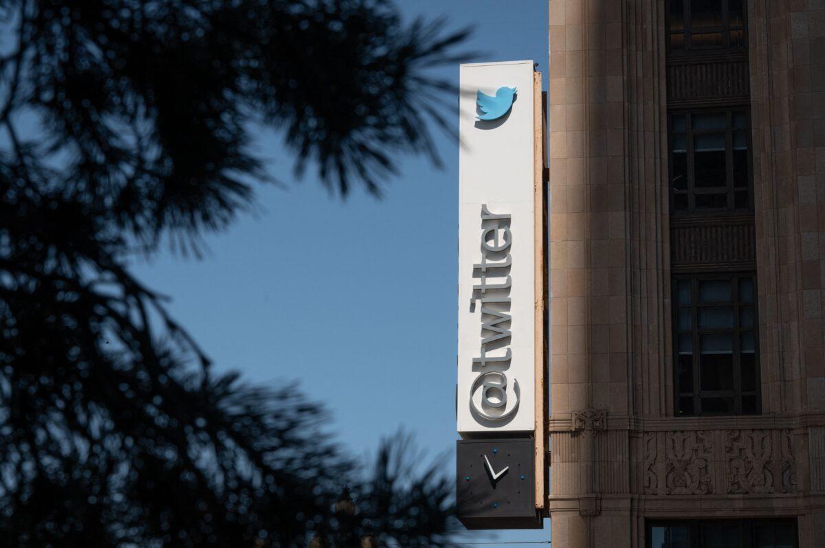 The Twitter logo outside the company's headquarters in San Francisco on April 26, 2022. (Amy Osborne/AFP via Getty Images)