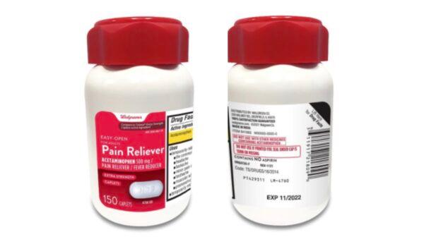 Recalled Walgreens Pain Reliever Acetaminophen 500 mg, 150 Count Bottle. (via U.S. Consumer Product Safety Commission)