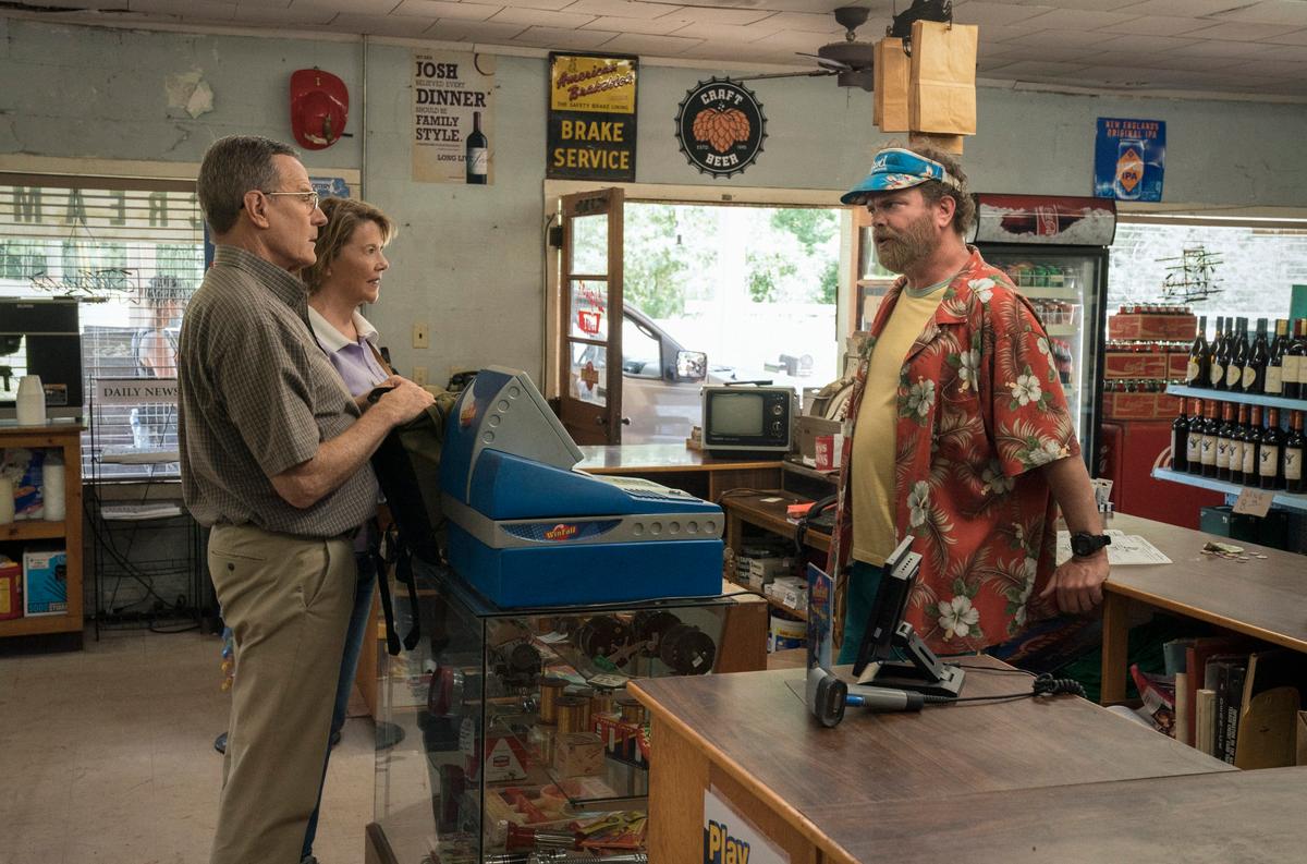 (L–R) Jerry (Bryan Cranston), Marge (Annette Bening) and Bill (Rainn Wilson) talk lottery tickets, in “Jerry and Marge Go Large.” (Jake Giles Netter/Paramount+)