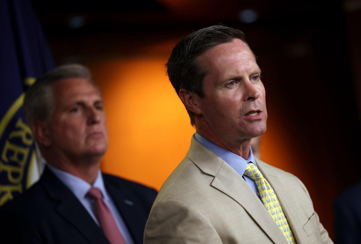 Rep. Rodney Davis (R-Ill.) speaks to reporters in Washington on July 21, 2021. (Kevin Dietsch/Getty Images)