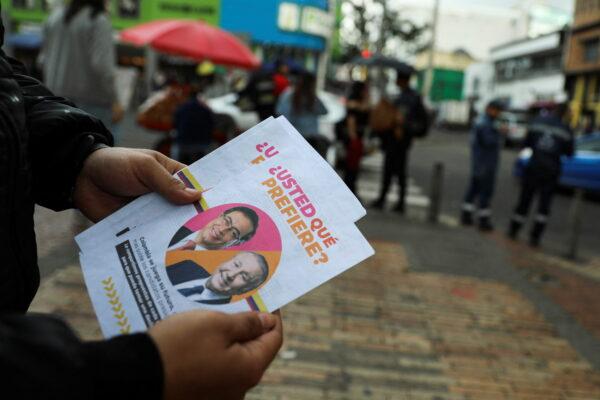 A flyer with the image of Colombian left-wing presidential candidate Gustavo Petro and Colombian center-right presidential candidate Rodolfo Hernández is pictured days before the second round of the presidential election in Bogotá, Colombia, on June 16, 2022. (Luisa Gonzalez/Reuters)