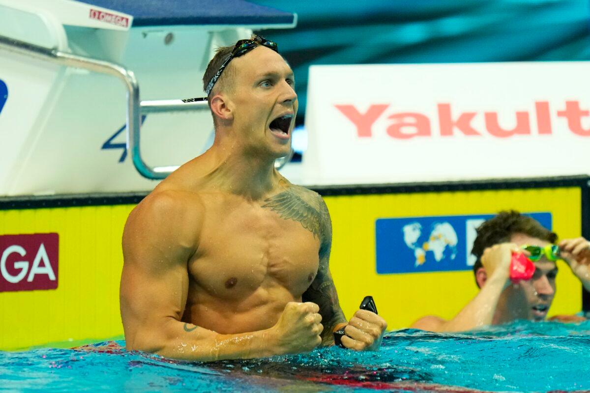Caeleb Dressel of the United States celebrates after winning the Men 50m Butterfly final at the 19th FINA World Championships in Budapest, Hungary, on June 19, 2022. (AP Photo/Petr David Josek)