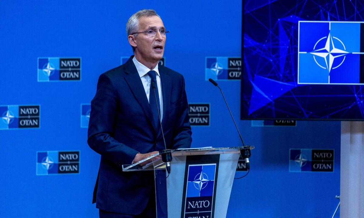 NATO Secretary-General Jens Stoltenberg holds the closing press conference at NATO headquarters during the second of two days of defense ministers' meetings in Brussels, Belgium, on June 16, 2022. (Omar Havana/Getty Images)