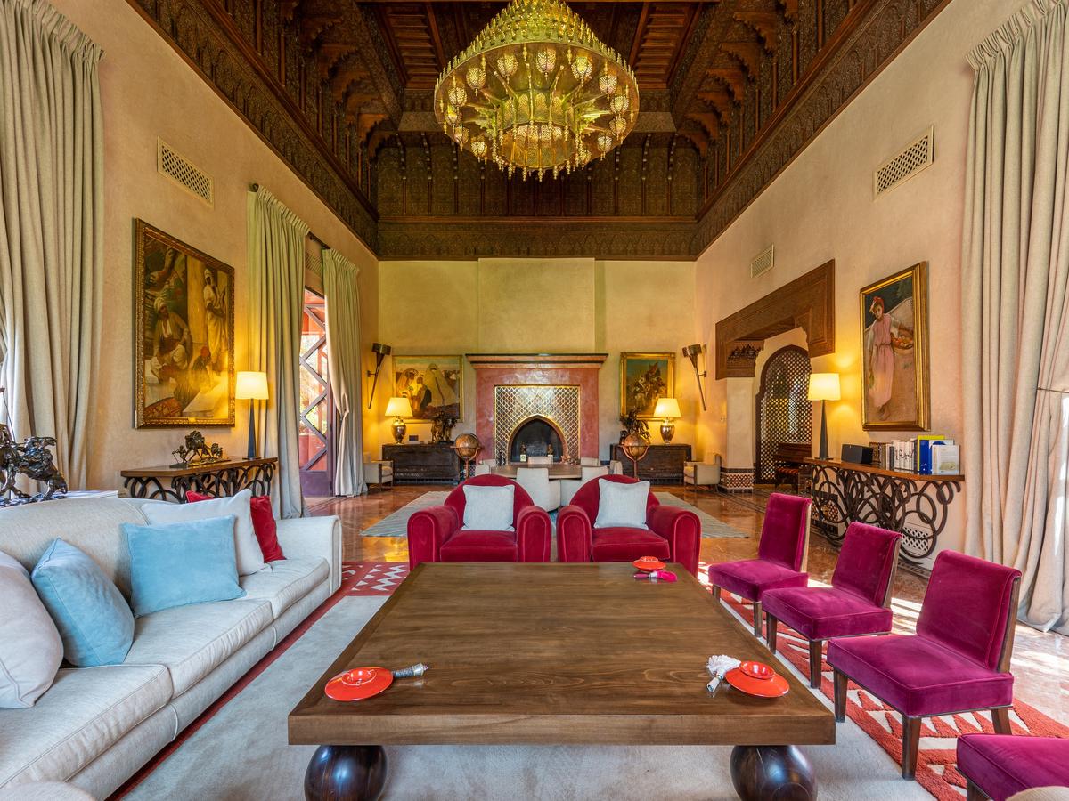 Every aspect of this property is on a grand scale. The massive living rooms can accommodate more than 100 guests, or serve as a perfect backdrop for curling up with a fine book. (Courtesy of Morocco Sotheby's International Realty)