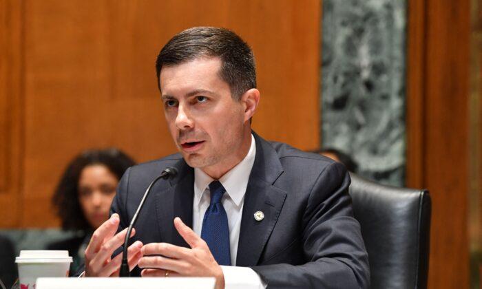 Transportation Secretary Pete Buttigieg testifies at a Subcommittee on Transportation, Housing and Urban Development, and Related Agencies hearing in Washington on April 28, 2022. (Nicholas Kamm/AFP via Getty Images)