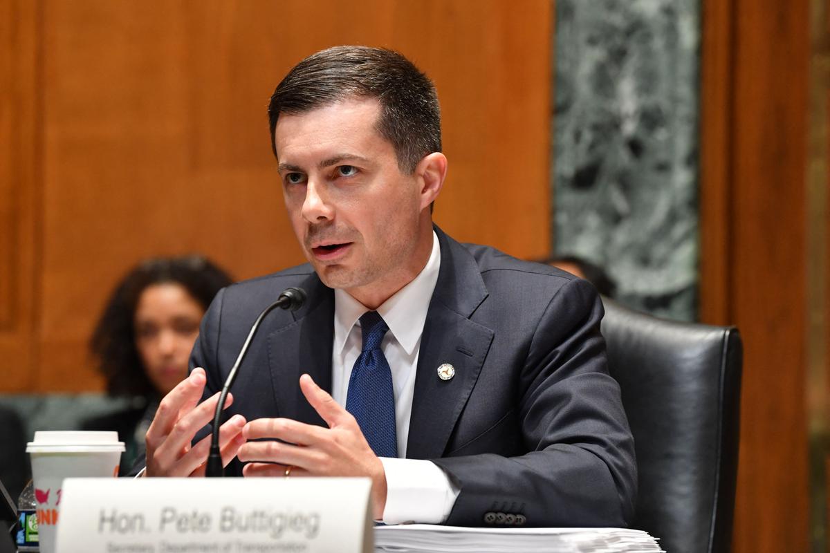 Transportation Secretary Pete Buttigieg testifies at a Senate Subcommittee on Transportation, Housing and Urban Development, and Related Agencies hearing on the 2023 budget for the Department of Transportation, in Washington on April 28, 2022. (Nicholas Kamm/AFP via Getty Images)