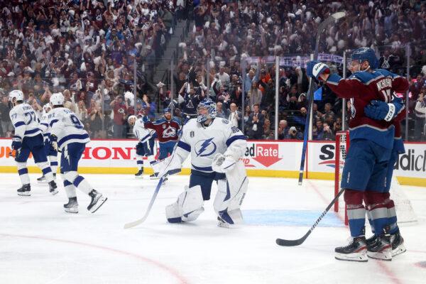 Valeri Nichushkin (13) of the Colorado Avalanche celebrates a goal scored on Andrei Vasilevskiy (88) of the Tampa Bay Lightning during the second period in Game Two of the 2022 NHL Stanley Cup Final at Ball Arena in Denver on June 18, 2022. (Matthew Stockman/Getty Images)