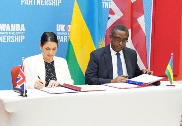 Home Secretary Priti Patel and Rwandan Foreign Minister Vincent Biruta signed the migration and economic development partnership in Kigali in Apr., 2022. (Flora Thompson/PA)