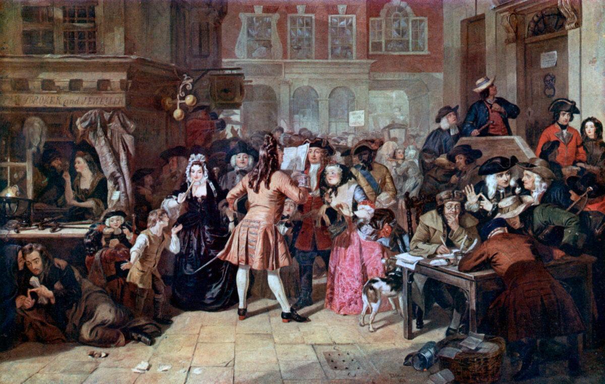  “The South Sea Bubble, a Scene in ‘Change Alley in 1720,’” 1847. By Edward Matthew Ward (1816-1879). Ward’s famous oil painting of 1847 shows the speculation mania in early 18th century England which ended in the financial ruin of many of its investors. (Alamy/PA Media)