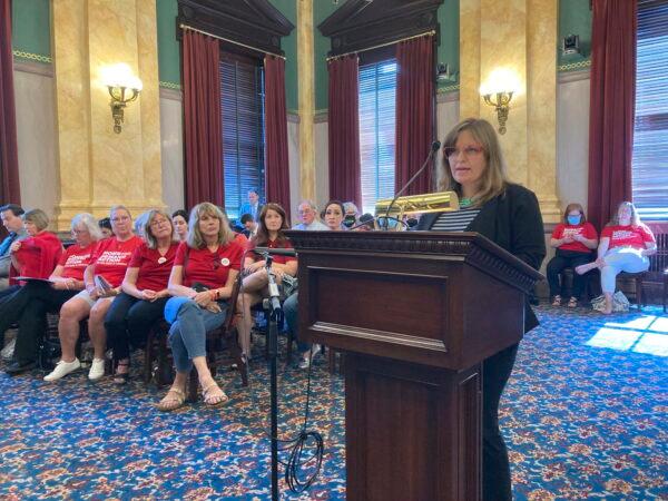 Erin Gabbard, an opponent of GOP legislation that would permit Ohio school districts to arm employees by creating training standards, testifies against the latest version of the bill in Columbus, Ohio, on May 31, 2022. (Andrew Welsh-Huggins/AP Photo)