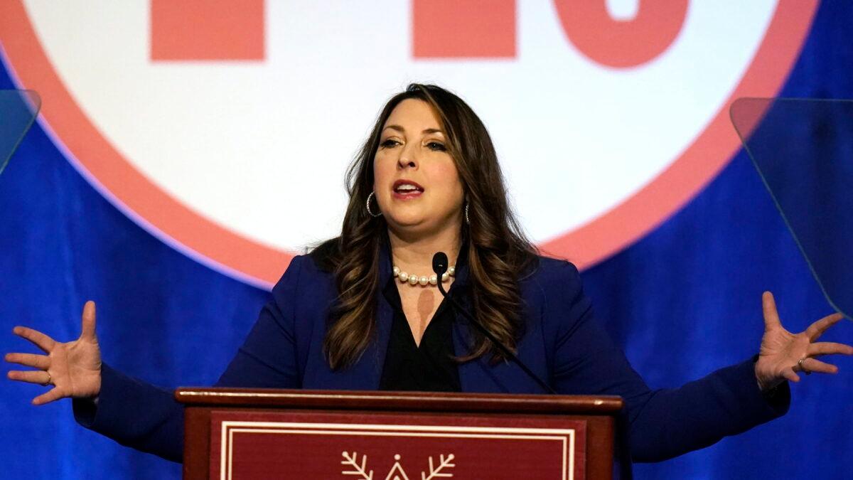Ronna McDaniel, the RNC chairwoman, speaks during the Republican National Committee winter meeting on Feb. 4, 2022, in Salt Lake City. (AP Photo/Rick Bowmer, File)