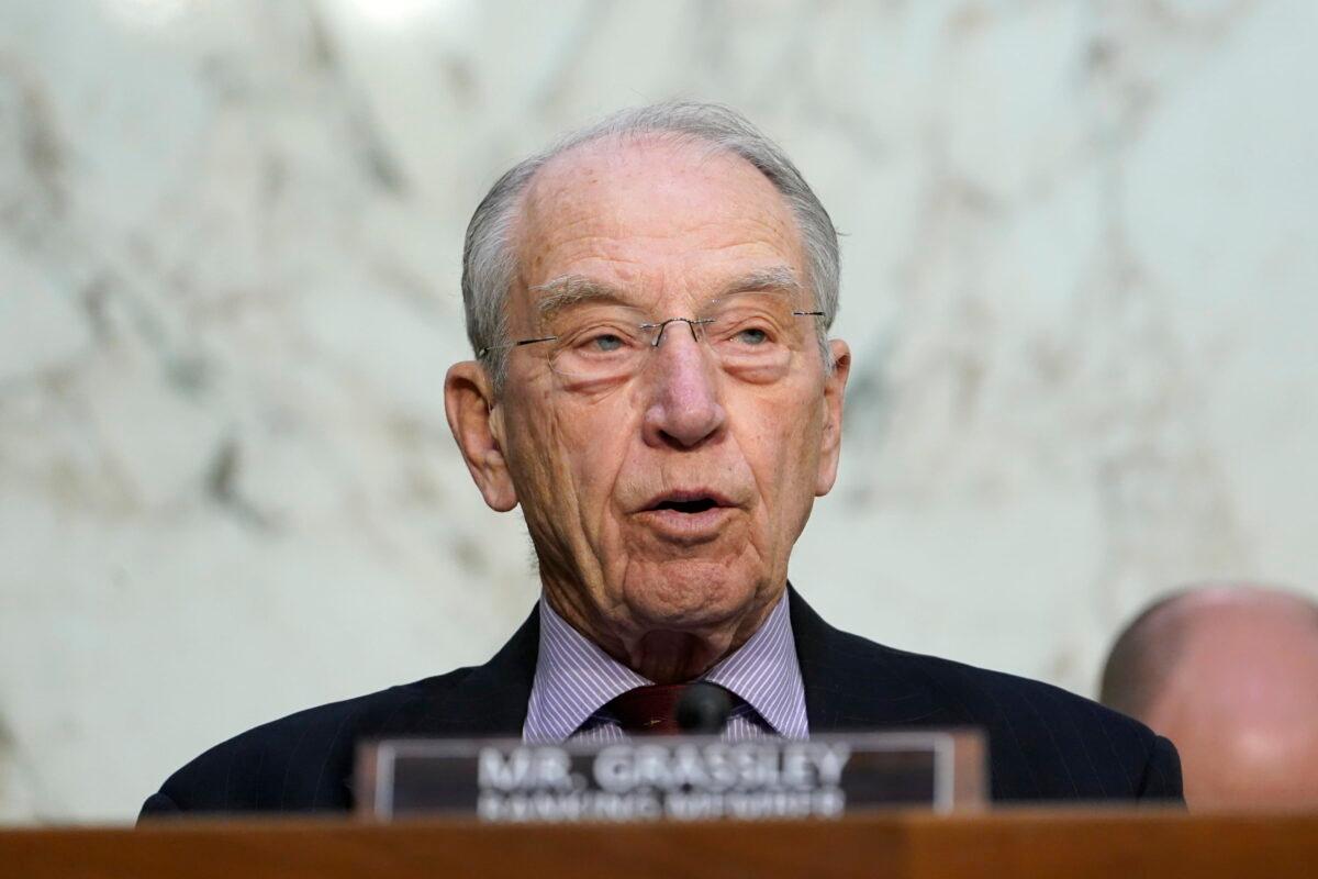  Senate Judiciary Committee ranking member Sen. Chuck Grassley (R-Iowa) speaks during a committee business meeting on Capitol Hill in Washington on March 28, 2022. (Susan Walsh/AP Photo)