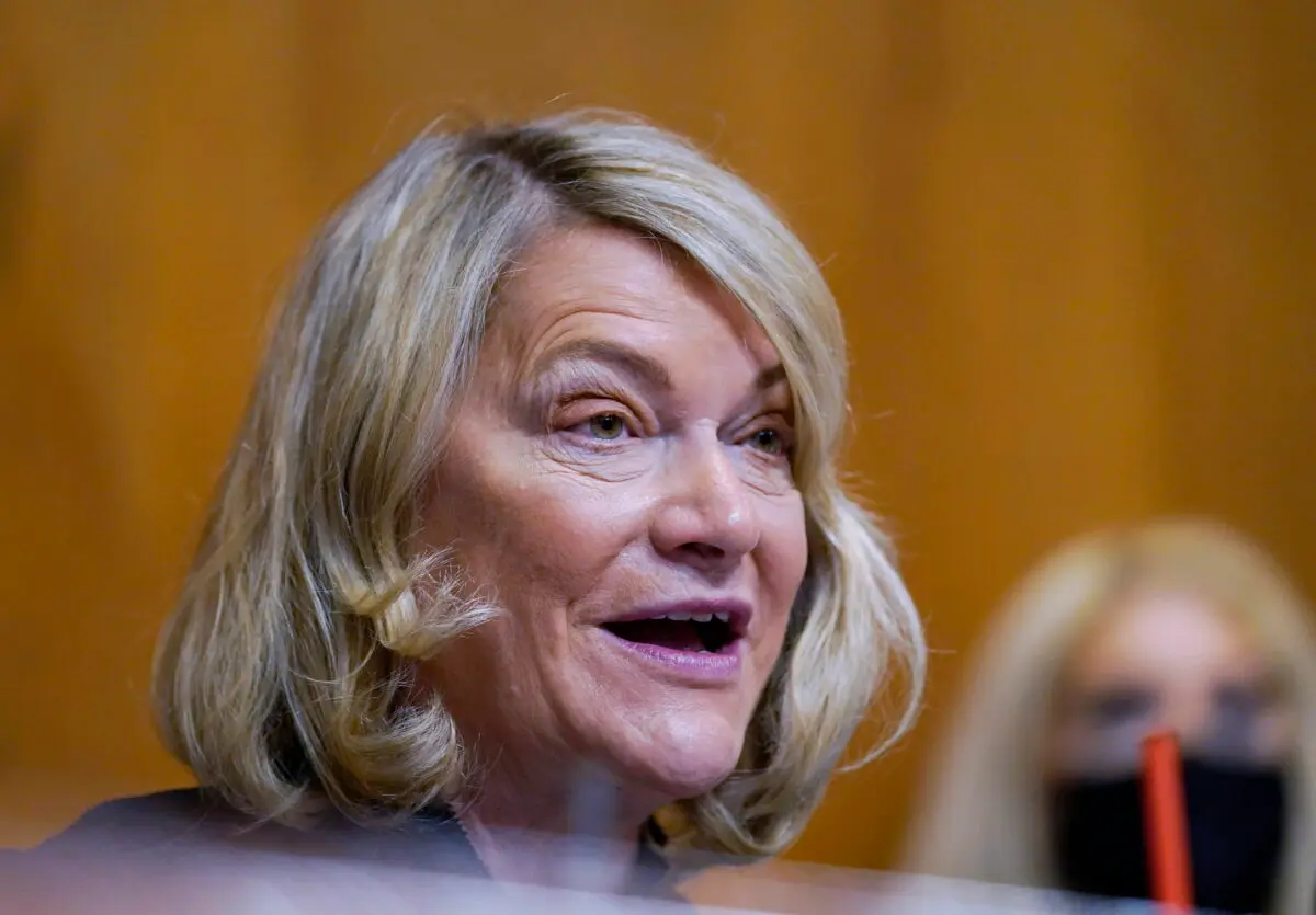 Sen. Cynthia Lummis (R-Wyo.) speaks during a Senate Environment and Public Works subcommittee hearing, April 5, 2022, on Capitol Hill in Washington. (Mariam Zuhaib/AP Photo)