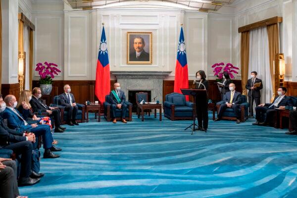 Taiwanese President Tsai Ing-wen (R) speaks during a visit by French lawmakers at the Presidential Office in Taipei, Taiwan on June 9, 2022. (Taiwan Presidential Office via AP)