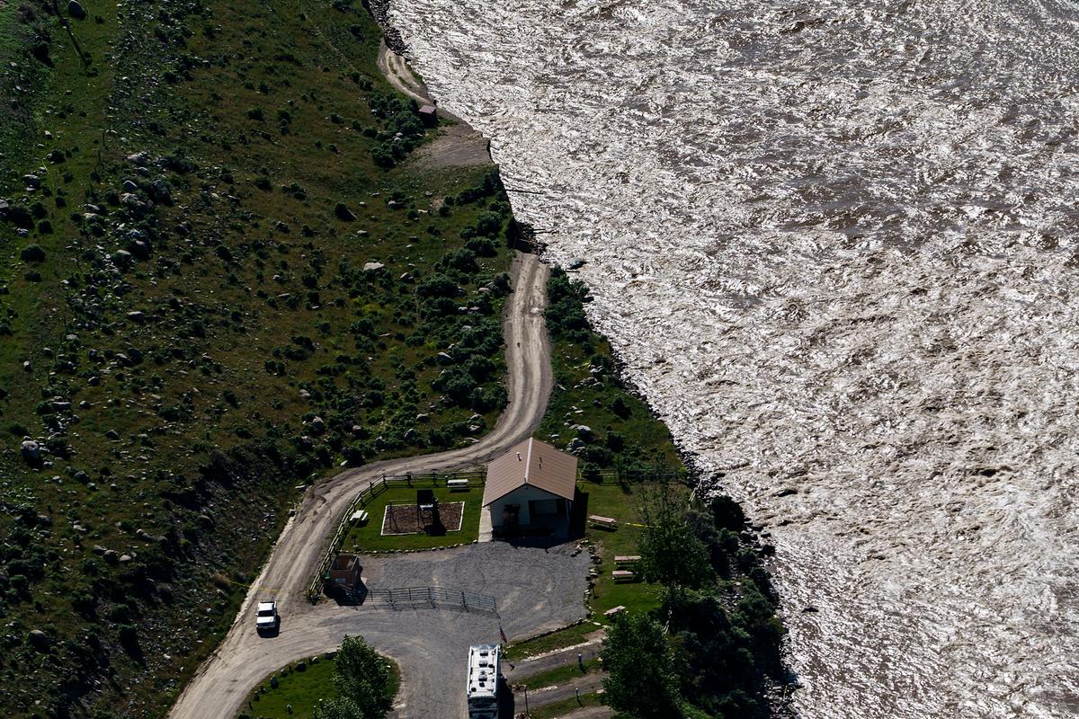 A road ends where floodwaters washed away a house in Gardiner, Mont., on June 16, 2022. (David Goldman/AP Photo)