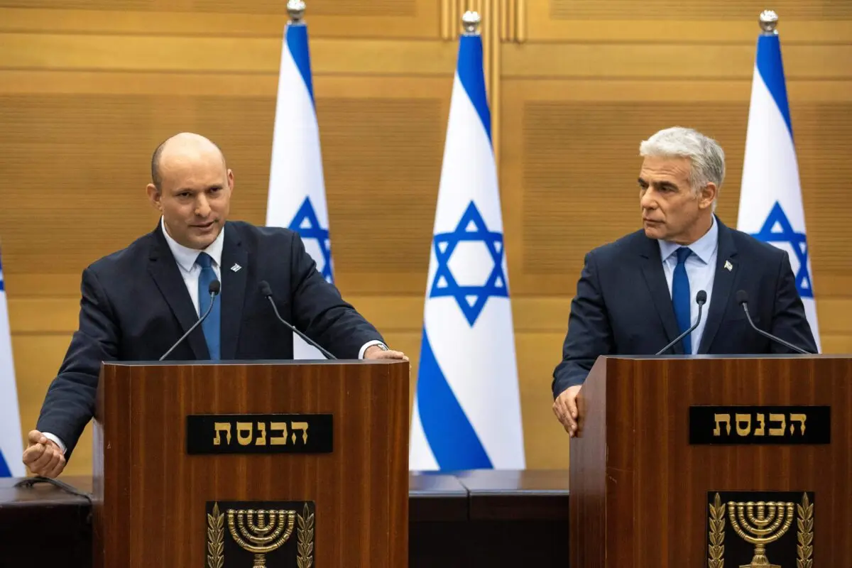 Then-Israeli Prime Minister Naftali Bennett (L) and Foreign Minister Yair Lapid make a joint statement to the press in Jerusalem on June 20, 2022. (Oren Ben Hakoon/AFP via Getty Images)