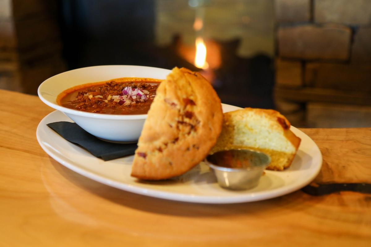 The free-range elk chili is a family recipe brought to the restaurant by cook John Aragon, served with housemade cornbread. (Courtesy of the Indian Pueblo Cultural Center)