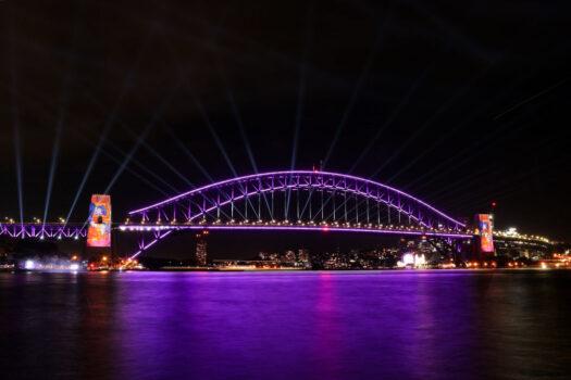 The Sydney Harbour Bridge illuminated purple to mark the Queen's Platinum Jubilee in Sydney, Australia, on June 2, 2022. (Brendon Thorne/Getty Images)