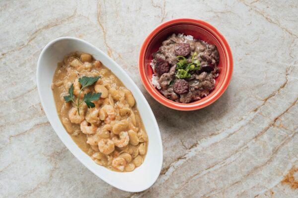 Lima beans cooked with shrimp; red beans and rice. (Tatsiana Moon for American Essence)