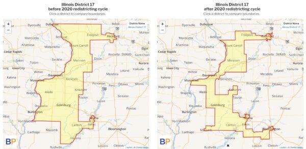 The 17th Congressional District maps before and after 2022 redistricting. (Maps via Ballotpedia)