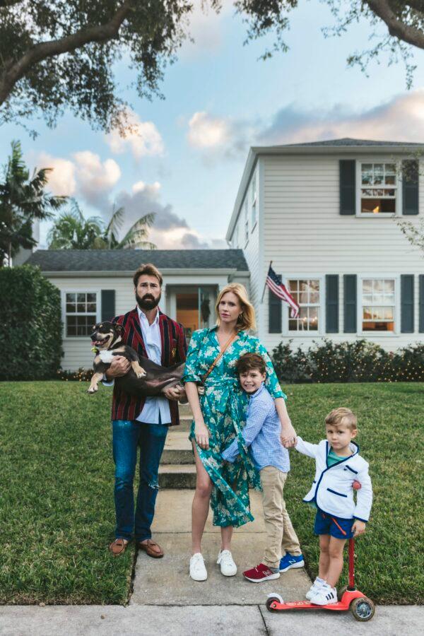 Nick Mele with his wife, Molly; their sons, Johnny and Archer; and the family dog Lola in front of their home in West Palm Beach, Fla. (Courtesy of Nick Mele)