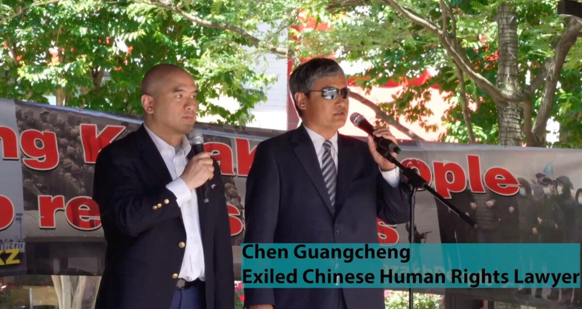  Chinese human rights lawyer Chen Guangcheng delivers a speech at the “Freedom from Tyranny” rally in Rockville, Md., on June 4, 2022. (Courtesy of Maxwell Wappel)