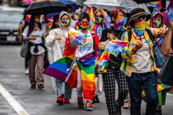 People attend the Tokyo Rainbow Pride 2022 Parade in Tokyo on April 24, 2022. (Philip Fong/AFP via Getty Images)
