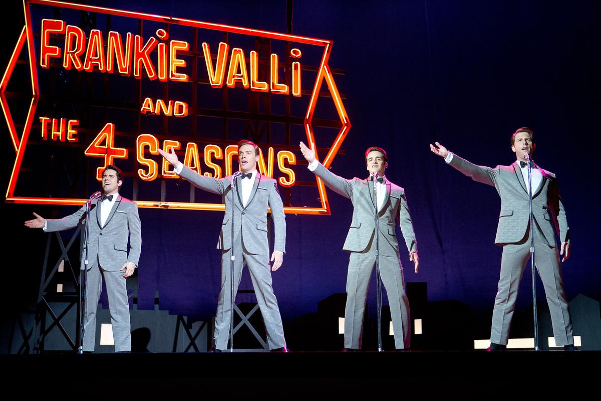 (L–R) Frankie Valli (John Lloyd Young), Bob Gaudio (Erich Bergen), Tommy DeVito (Vincent Piazza),  and Nick Massi (Michael Lomenda), in “Jersey Boys.” (Malpaso Productions/Warner Bros.)