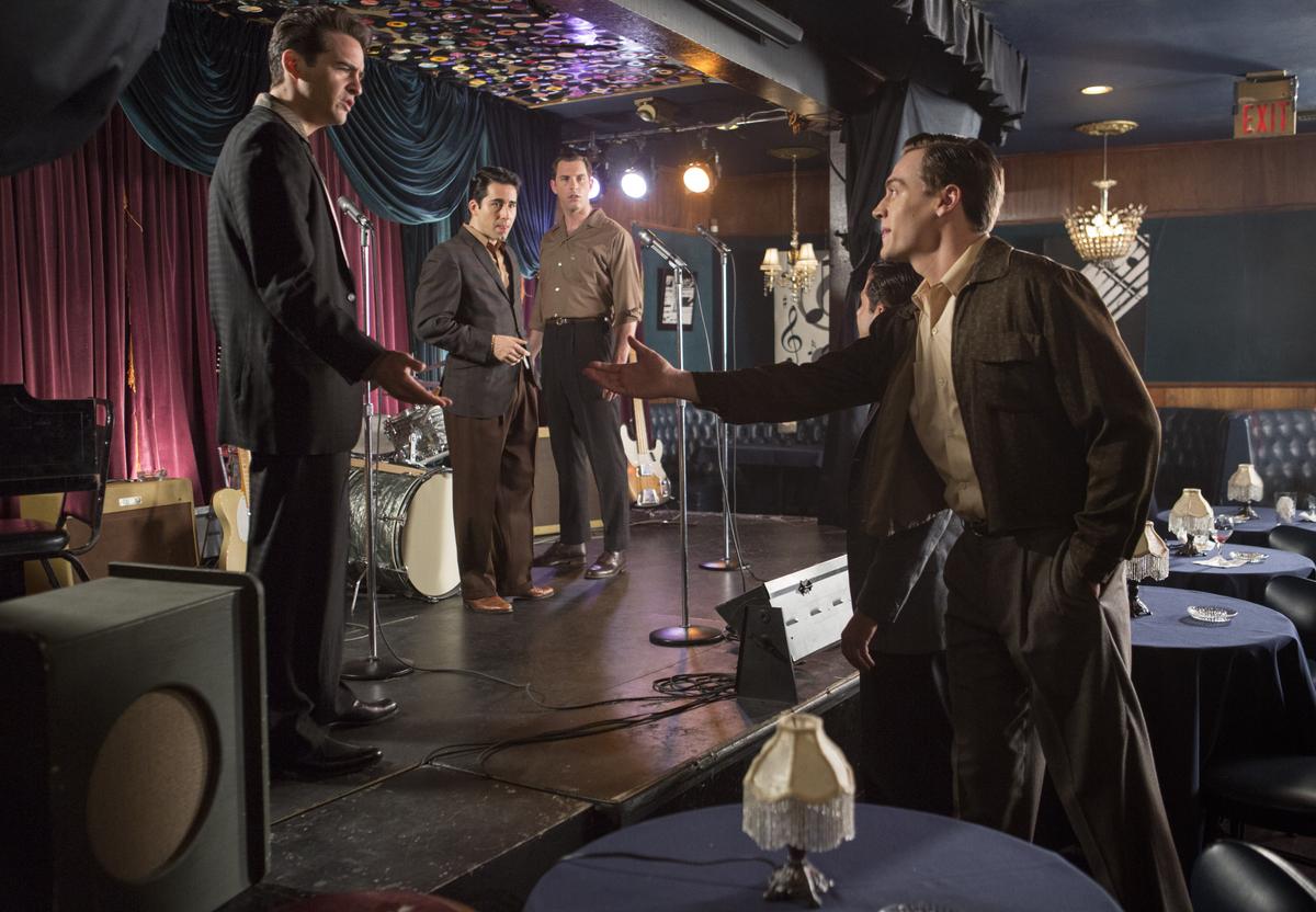 (L–R) Tommy DeVito (Vincent Piazza), Frankie Valli (John Lloyd Young), Nick Massi (Michael Lomenda), barely visible Joey Pesci (Joseph Russo), and Bob Gaudio (Erich Bergen), in “Jersey Boys.” (Malpaso Productions/Warner Bros.)