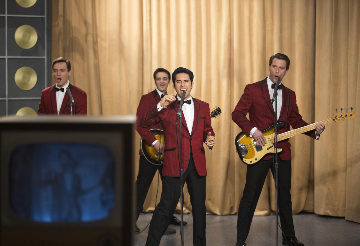 (L–R) Bob Gaudio (Erich Bergen), Tommy DeVito (Vincent Piazza), Frankie Valli (John Lloyd Young), and Nick Massi (Michael Lomenda), in “Jersey Boys.” (Malpaso Productions/Warner Bros.)