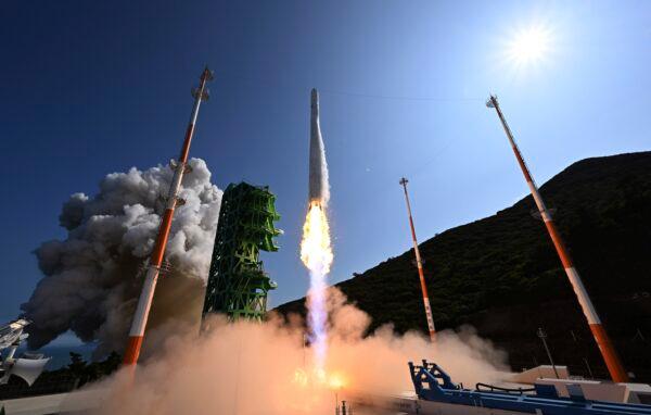 The Nuri rocket, the first domestically produced space rocket, lifts off from a launch pad at the Naro Space Center in Goheung, South Korea, on June 21, 2022. (Korea Pool/Yonhap via AP)